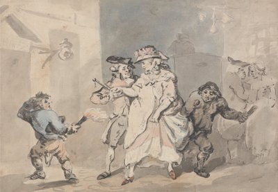 De herbergdeur (Een man begeleid door twee jongens met fakkels naar een deur links) door Thomas Rowlandson